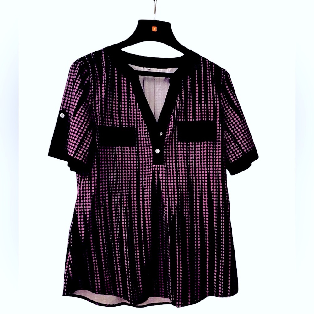 Black and purple satin-like V-Neck shirt -  Women’s size medium - Never worn.